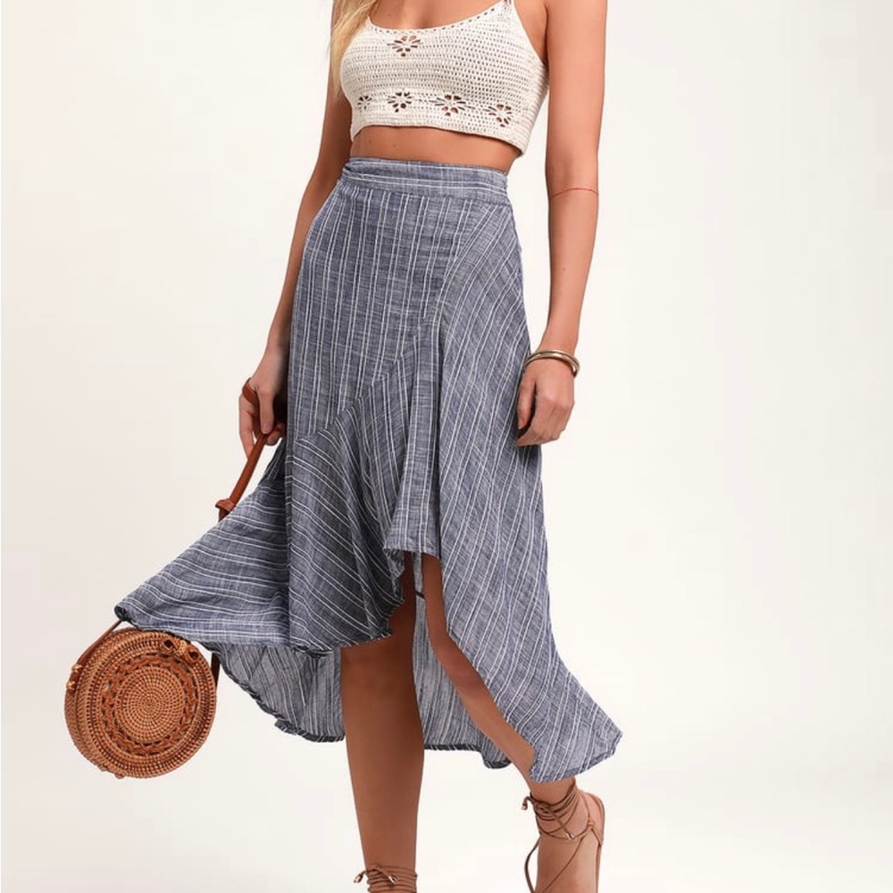 Blue and White Striped Ruffled Midi Skirt